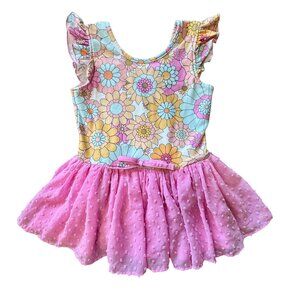 CHEEKY PLUM Farrah Clipdot Leotard Girls 6 Groovy Gal Retro Floral Skirted Leo